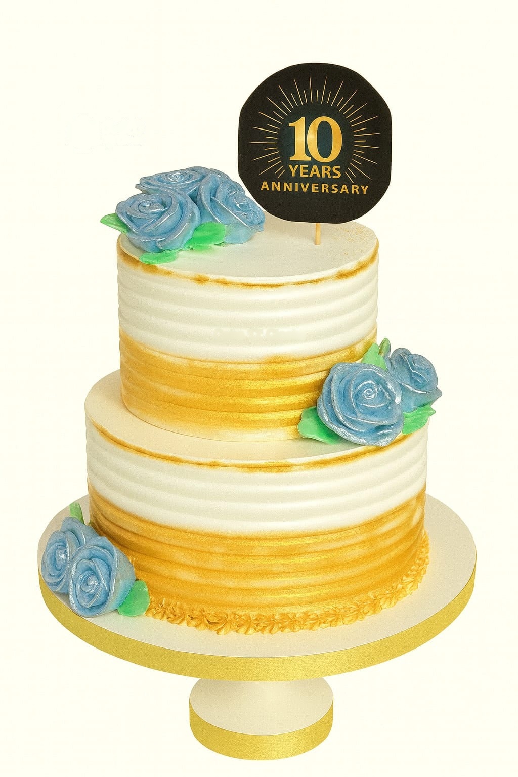 Golden & Blue Floral Anniversary Cake